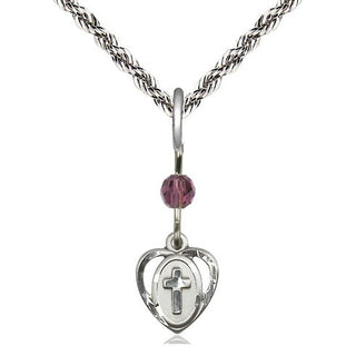 Sterling Silver Heart Cross Medal with an Amethyst bead Religious and Catholic Jewelry Engraved Catholic Saint Jewelry