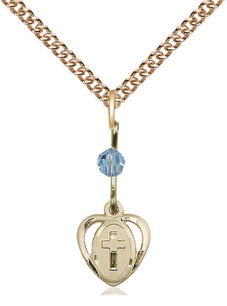 14kt Gold Filled Heart Cross Medal with an Aqua bead Religious and Catholic Jewelry Engraved Catholic Saint Jewelry