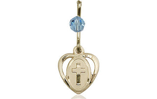 14kt Gold Heart Cross Medal with an Aqua bead Engraved Catholic Saint Jewelry