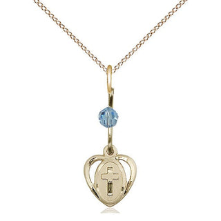 14kt Gold Heart Cross Medal with an Aqua bead Engraved Catholic Saint Jewelry