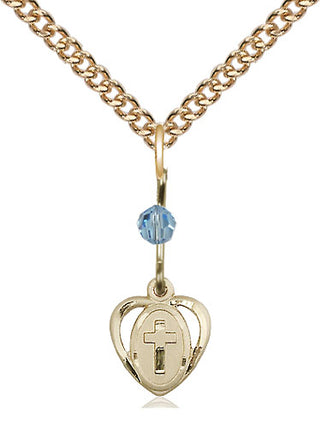 14kt Gold Heart Cross Medal with an Aqua bead Engraved Catholic Saint Jewelry