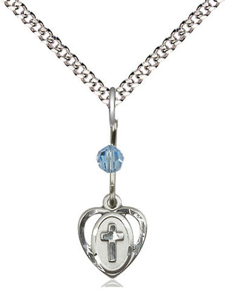 Sterling Silver Heart Cross Medal with an Aqua bead Religious and Catholic Jewelry Engraved Catholic Saint Jewelry