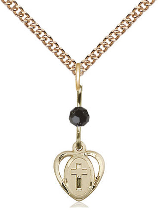 14kt Gold Filled Heart Cross Medal | Black bead Religious and Catholic Jewelry Engraved Catholic Saint Jewelry