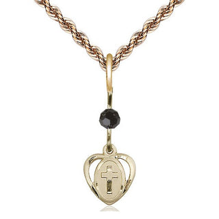14kt Gold Filled Heart Cross Medal | Black bead Religious and Catholic Jewelry Engraved Catholic Saint Jewelry