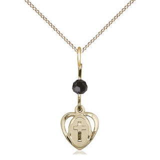 14kt Gold Heart Cross Medal with a Black bead Engraved Catholic Saint Jewelry