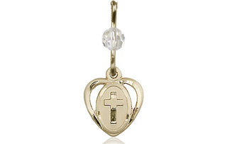 14kt Gold Heart Cross Medal with a Crystal bead Engraved Catholic Saint Jewelry