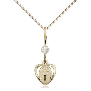 14kt Gold Heart Cross Medal with a Crystal bead Engraved Catholic Saint Jewelry