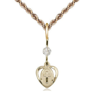 14kt Gold Heart Cross Medal with a Crystal bead Engraved Catholic Saint Jewelry