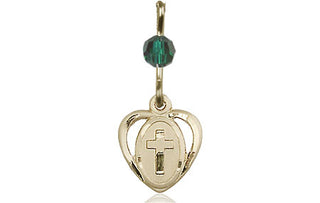 14kt Gold Filled Heart Cross Medal with a Emerald bead Engraved Catholic Saint Jewelry