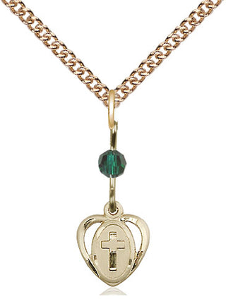 14kt Gold Filled Heart Cross Medal | Emerald bead Religious and Catholic Jewelry Engraved Catholic Saint Jewelry