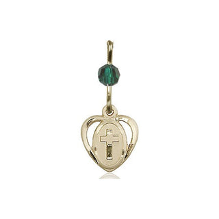 14kt Gold Heart Cross Medal with a Emerald bead Engraved Catholic Saint Jewelry