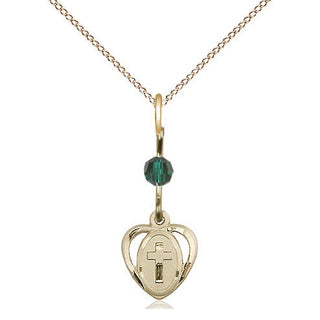 14kt Gold Heart Cross Medal with a Emerald bead Engraved Catholic Saint Jewelry