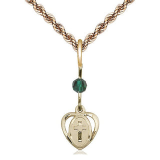 14kt Gold Heart Cross Medal with a Emerald bead Engraved Catholic Saint Jewelry