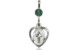 Sterling Silver Heart Cross Medal with a Emerald bead Engraved Catholic Saint Jewelry