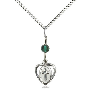 Sterling Silver Heart Cross Medal | Emerald bead Religious and Catholic Jewelry Engraved Catholic Saint Jewelry