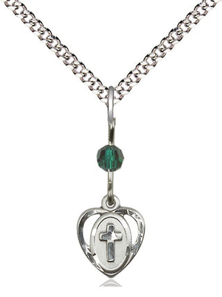 Sterling Silver Heart Cross Medal | Emerald bead Religious and Catholic Jewelry Engraved Catholic Saint Jewelry