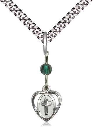 Sterling Silver Heart Cross Medal | Emerald bead Religious and Catholic Jewelry Engraved Catholic Saint Jewelry