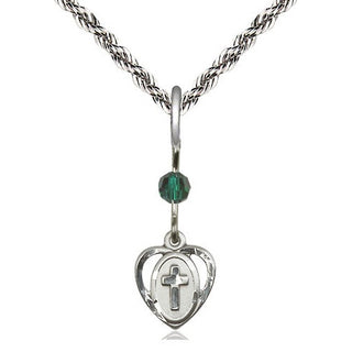 Sterling Silver Heart Cross Medal | Emerald bead Religious and Catholic Jewelry Engraved Catholic Saint Jewelry