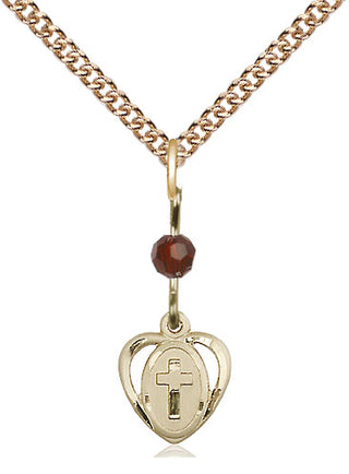 14kt Gold Filled Heart Cross Medal | Garnet bead Religious and Catholic Jewelry Engraved Catholic Saint Jewelry