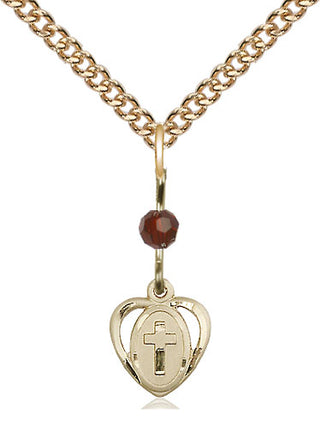 14kt Gold Filled Heart Cross Medal | Garnet bead Religious and Catholic Jewelry Engraved Catholic Saint Jewelry