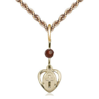 14kt Gold Filled Heart Cross Medal | Garnet bead Religious and Catholic Jewelry Engraved Catholic Saint Jewelry