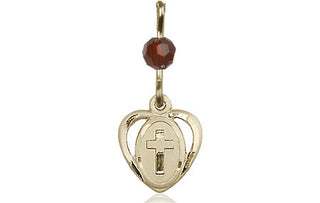 14kt Gold Heart Cross Medal with a Garnet bead Engraved Catholic Saint Jewelry