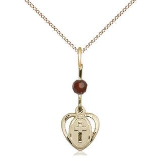 14kt Gold Heart Cross Medal with a Garnet bead Engraved Catholic Saint Jewelry