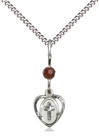 Sterling Silver Heart Cross Medal | Garnet bead Religious and Catholic Jewelry Engraved Catholic Saint Jewelry
