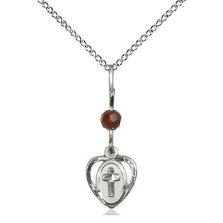 Sterling Silver Heart Cross Medal | Garnet bead Religious and Catholic Jewelry Engraved Catholic Saint Jewelry
