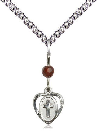 Sterling Silver Heart Cross Medal | Garnet bead Religious and Catholic Jewelry Engraved Catholic Saint Jewelry