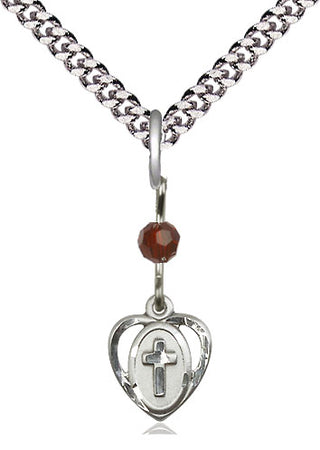 Sterling Silver Heart Cross Medal | Garnet bead Religious and Catholic Jewelry Engraved Catholic Saint Jewelry