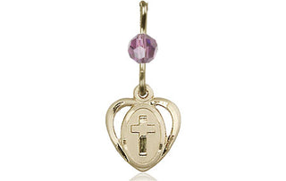 14kt Gold Filled Heart Cross Medal with a Light Amethyst bead Engraved Catholic Saint Jewelry