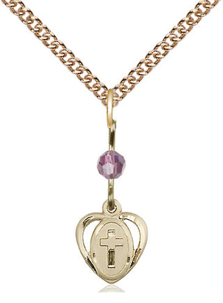 14kt Gold Filled Heart Cross Medal | Light Amethyst bead Religious and Catholic Jewelry Engraved Catholic Saint Jewelry