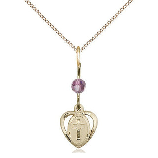 14kt Gold Heart Cross Medal with a Light Amethyst bead Engraved Catholic Saint Jewelry