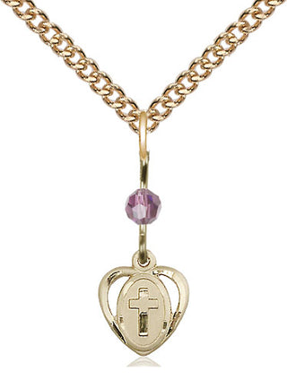 14kt Gold Heart Cross Medal with a Light Amethyst bead Engraved Catholic Saint Jewelry