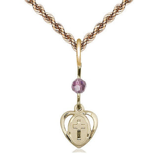14kt Gold Heart Cross Medal with a Light Amethyst bead Engraved Catholic Saint Jewelry