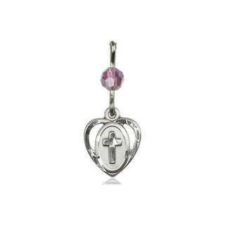 Sterling Silver Heart Cross Medal with a Light Amethyst bead Engraved Catholic Saint Jewelry