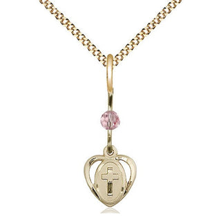14kt Gold Filled Heart Cross Medal | Light Rose bead Religious and Catholic Jewelry Engraved Catholic Saint Jewelry