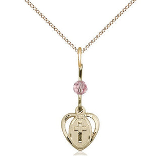 14kt Gold Filled Heart Cross Medal | Light Rose bead Religious and Catholic Jewelry Engraved Catholic Saint Jewelry