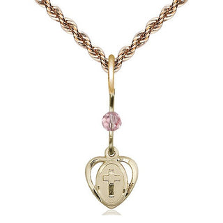14kt Gold Filled Heart Cross Medal | Light Rose bead Religious and Catholic Jewelry Engraved Catholic Saint Jewelry