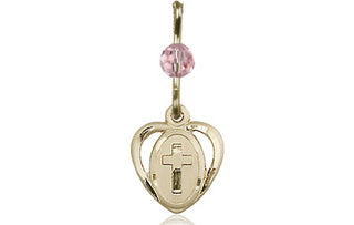14kt Gold Heart Cross Medal with a Light Rose bead Engraved Catholic Saint Jewelry