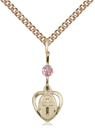 14kt Gold Heart Cross Medal with a Light Rose bead Engraved Catholic Saint Jewelry