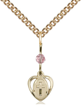 14kt Gold Heart Cross Medal with a Light Rose bead Engraved Catholic Saint Jewelry