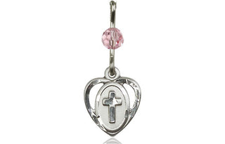 Sterling Silver Heart Cross Medal with a Light Rose bead Engraved Catholic Saint Jewelry