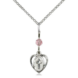 Sterling Silver Heart Cross Medal | Light Rose bead Religious and Catholic Jewelry Engraved Catholic Saint Jewelry
