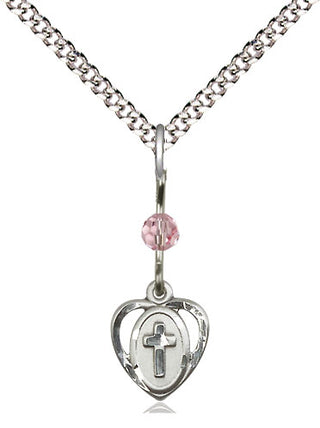 Sterling Silver Heart Cross Medal | Light Rose bead Religious and Catholic Jewelry Engraved Catholic Saint Jewelry