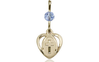 14kt Gold Heart Cross Medal with a Light Sapphire bead Engraved Catholic Saint Jewelry