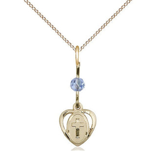 14kt Gold Heart Cross Medal with a Light Sapphire bead Engraved Catholic Saint Jewelry