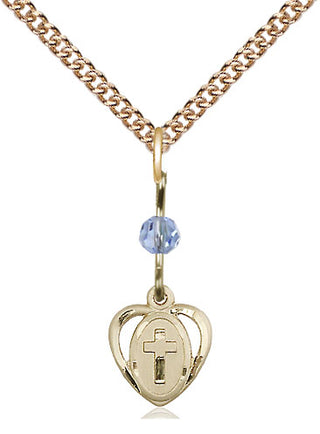 14kt Gold Heart Cross Medal with a Light Sapphire bead Engraved Catholic Saint Jewelry