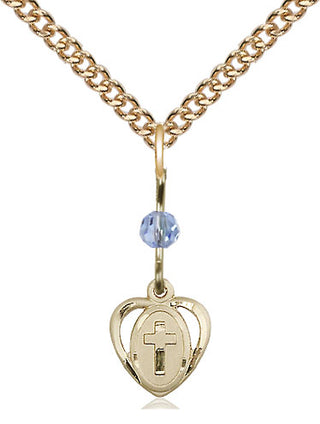 14kt Gold Heart Cross Medal with a Light Sapphire bead Engraved Catholic Saint Jewelry